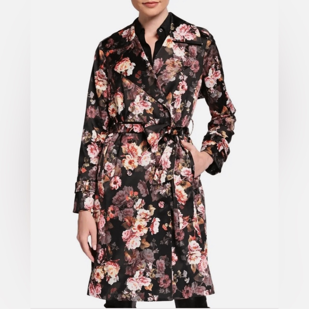 L'AGENCE Floral Satin Trench Coat Long Jacket Black Multicolor Belted Wrap XS